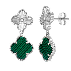 Arete Dos Flores Mediano Inspirado Van C Diamantada con Malaquita Verde Plata .925 con Baño de Rodio
