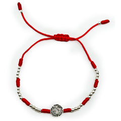 Pulsera de Hilo Rojo con Bolitas Lisas y Dije de San Benito Plata .925