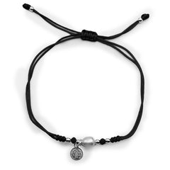 Pulsera Ajustable de Hilo con Perla Natural y Dije de San Benito Plata .925