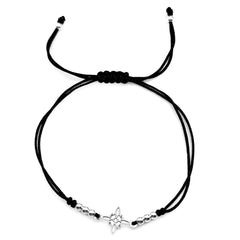 Pulsera Ajustable de Hilo Negro con Dije Nudo de Bruja y Bolitas Lisas Plata .925