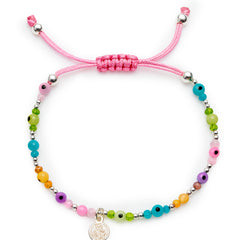Pulsera Ajustable de Hilo con Ojo Turco de Colores, Cristales y Dije de San Benito Plata .925