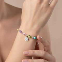 Pulsera Ajustable de Hilo con Ojo Turco de Colores, Cristales y Dije de San Benito Plata .925