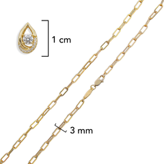 Collar Paper Clip con Gota 3D y Micro Circonias Oro 10K