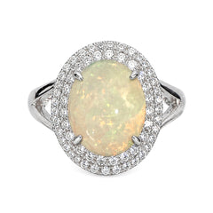 Anillo Piedras Preciosas Maxi Ópalo de Etiopía con Doble Linea de Circonias, Plata .925 con Rodio