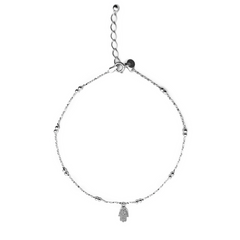Tobillera Dije Mano de Fatima con Bolitas y Cadena Torzalito Plata .925