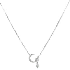 Collar Media Luna con Micro Circonias y Saturno con Estrella Plata .925 con Rodio