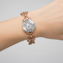 Brazalete Doble Uso Anillo Pulsera con Circulo Diamantado Giratorio y Baño de Oro Rosa Plata .925