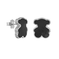 Arete Broquel Inspirado Osos 1.1 Onix Facetado Plata .925 con Baño de Rodio