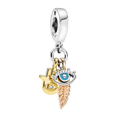 Charm Inspirado Pan 1:1 Mano de Fatima Dorada, Pluma y Ojo Turco, Plata .925