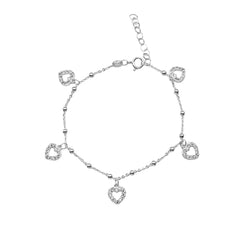 Pulsera con Dijes de Corazon Con Circonias y Bolitas Lisas Plata .925