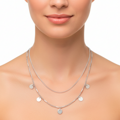 Collar Doble con Circulas y Barritas Lisas con Cadena Cubanita Plata .925