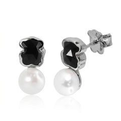 Broquel Inspirado Osos 1-1 Doble Piedra Ónix Negra y Perla de Río Plata .925 con Baño de Rodio