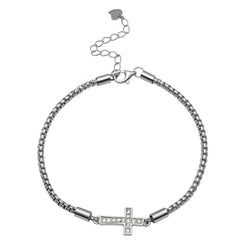 Pulsera Dije de Cruz con Micro Circonias y Cadena Espuma Plata .925 con Rodio
