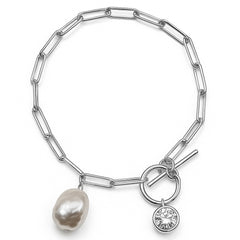 Pulsera Perla Natural con Cadena Paper Clip y Circonia con Broche T Plata .925