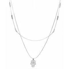 Collar Doble Dije Mano de Fatima y Bolita Diamantada con Cadena Cola de Rata Plata .925