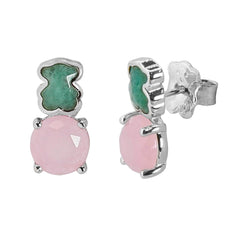 Broquel Inspirado Osos 1-1 Doble Piedra Amazonita y Piedra Cuarzo Rosa Plata .925 con Baño de Rodio