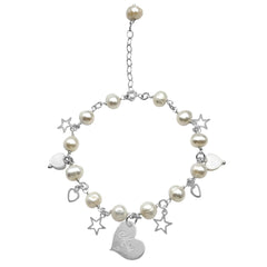 Pulsera Perla Natural con Dijes Lisos con Corazón Grabado y Cadena Eslabones Plata .925