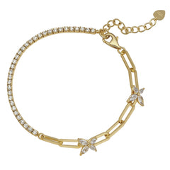 Pulsera con Circonias y Cadena Paper Clip con Mariposa de Circonias Plata .925 con Baño de Oro