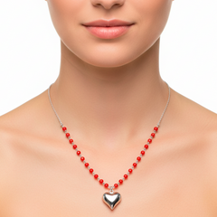 Collar Corazon Bombeado con Cristales Rojos Plata .925