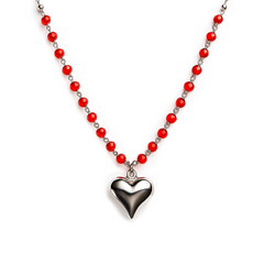 Collar Corazon Bombeado con Cristales Rojos Plata .925