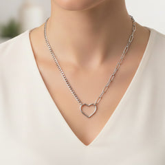 Collar Silueta Corazon con Cadena Paper Clip y Doble Cadena Cubana Plata .925