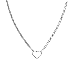 Collar Silueta Corazon con Cadena Paper Clip y Doble Cadena Cubana Plata .925