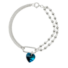 Pulsera Doble Cadena Cubana y Bolitas Lisas con Swarovski Azul Plata .925