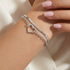 Pulsera Doble Cadenas Panza de Vibora y Eslabones con Dije Silueta de Corazon Plata .925