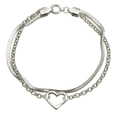Pulsera Doble Cadenas Panza de Vibora y Eslabones con Dije Silueta de Corazon Plata .925