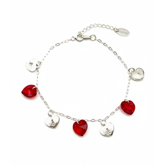Pulsera Corazones Swarovski Rojos con Cadena Eslabones Plata .925