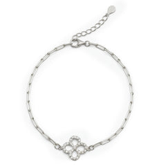 Pulsera Trebol con Micro Circonias y Cadena Paper Clip Plata .925