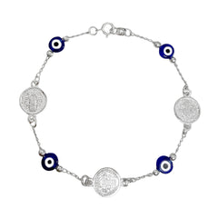 Pulsera con Dije de San Benito con Ojo Turco Azul Plata .925
