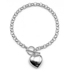 Pulsera Broche T Corazón Bombeado y Cadena Eslabones Plata .925