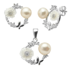 Juego Flor Perla Natural con Circonias Plata .925