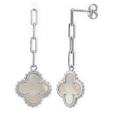 Arete Flor Largo Inspirado Van C con Cadena Paper Clip Plata .925 con Rodio