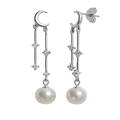 Arete Largo Perla con Luna y Circonias Plata .925