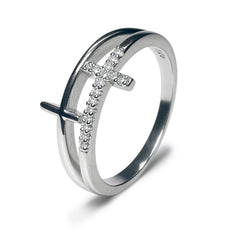 Anillo Doble Cruz Lisa y Micro Circonias Plata .925 con Rodio