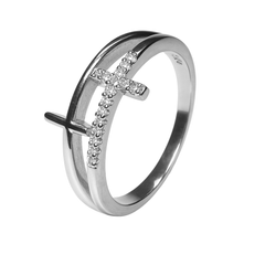 Anillo Doble Cruz Lisa Y Micro Circonias Plata .925 Con Baño De Rodio