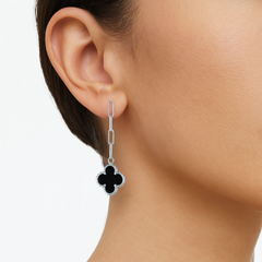 Arete Flor Largo Inspirado Van C con Cadena Paper Clip Plata .925 con Rodio