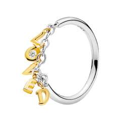 Anillo Inspirado Pan Letras Doradas Colgantes LOVED con Micro Circonia Plata .925