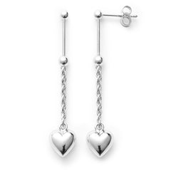 Arete Largo con Corazón y Cadena Trenzada Plata .925