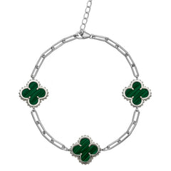 Pulsera Flor Inspirada Van con Cadena Paper y Clip Piedra Malaquita Plata .925 con Rodio