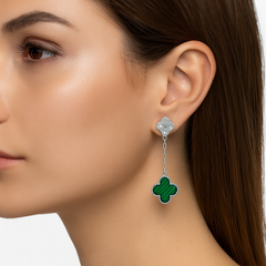 Arete Flor Largo Inspirado Van C con Micro Circonias y Piedra Natural Plata .925 con Rodio