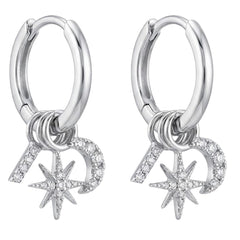 Arracada Huggies con Dijes Luna y Estrella con Micro Circonias Plata .925 con Baño de Rodio