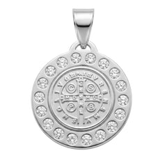 Dije Medalla de San Benito con Circonias de 2.2cm Plata .925