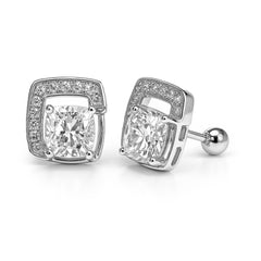 Broquel Grande Doble Cuadro con Micro Circonias Plata .925 con Rodio