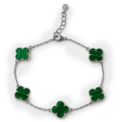 Pulsera Flor Inspirada Van C Malaquita Plata .925 con Rodio