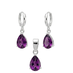 Juego Circonia Morada en Forma de Gota Plata .925
