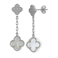 Arete Flor Largo Inspirado Van C con Micro Circonias y Piedra Natural Plata .925 con Rodio