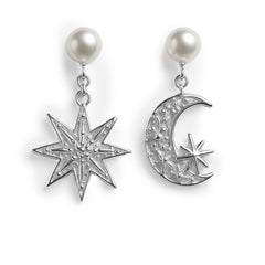 Arete Mediano Luna y Estrella con Circonias y Perla Natural Plata .925
